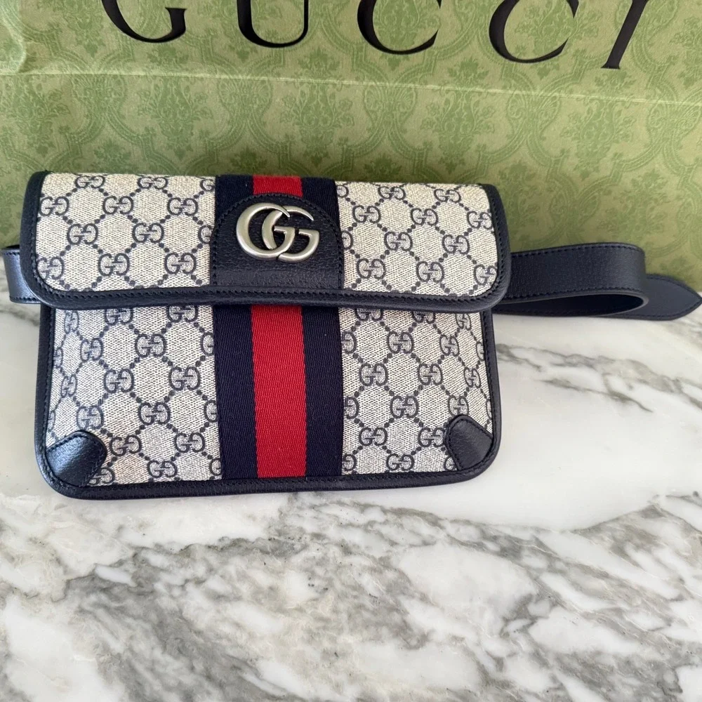 Gucci Ophidia GG Supreme Belt Bag Blue Red Web Stripe Silver 674081 size 90